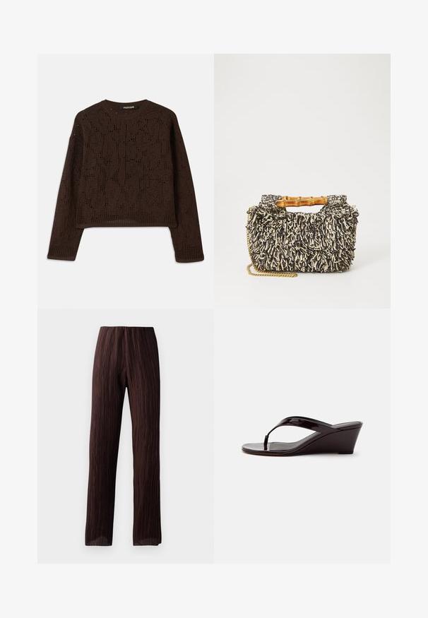 Brun, strikket sweater med et tekstureret, hæklet design, rund hals og lange ærmer. Korte ender og afslappet pasform.; Brune brede bukser med plisseret tekstur, høj talje og et flydende design. Fremstillet af letvægtsstof. Ingen synlige lukninger.; Brun patentlæder kile-sandal med tåremme og åben tå, vist i sideprofil på en ensfarvet baggrund.; Vævet taske med et struktureret sort og creme mønster, bambushåndtag og en aftagelig guldkæde-strop. Kompakt rektangulær form.