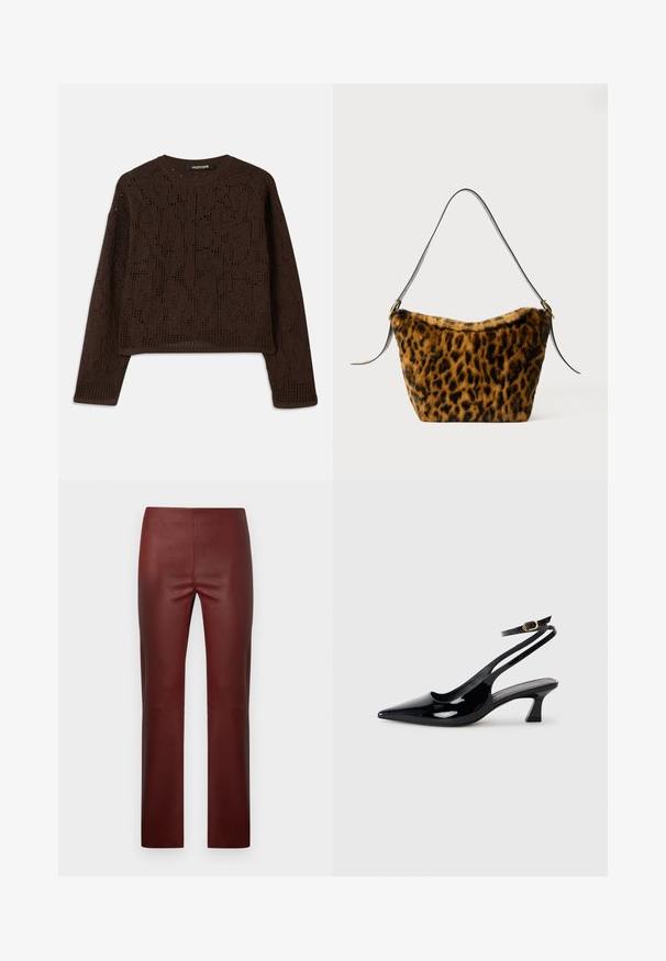 Pull en tricot marron avec un motif en openwork texturé, un col rond et des manches longues. Ourlet court et coupe décontractée.; Pantalon en similicuir bordeaux à coupe slim, présentant une texture lisse, une coupe droite et aucun élément métallique ou accent visible.; Escarpins à brides arrière en cuir verni noir, à bout pointu, avec un petit talon carré et une sangle de cheville ajustable dotée d'une boucle dorée.; Sac en peluche imitation fourrure à motifs léopard avec une texture douce, une forme légèrement conique et une bandoulière en cuir noir avec des accents en métal doré.