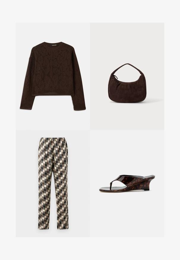 Brun, strikket sweater med et tekstureret, hæklet design, rund hals og lange ærmer. Korte ender og afslappet pasform.; Rutede bukser i nuancer af sort, brun og creme med elastisk talje; glat stof med et let tekstureret mønster.; Dame kilehælssandal med skildpaddemønster, åben tå og T-rem, vist fra siden på hvid baggrund.; Mørkebrun ruskindshåndtaske med kort rem og afrundet rektangulær form på en ensfarvet lys baggrund.