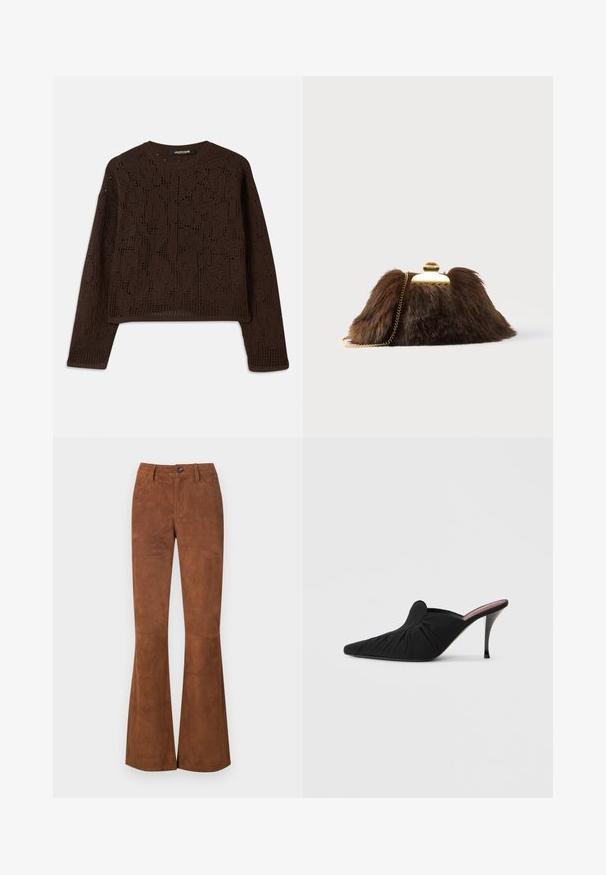 Brun, strikket sweater med et tekstureret, hæklet design, rund hals og lange ærmer. Korte ender og afslappet pasform.; Brune flared bukser lavet af et materiale der minder om ruskind, med en lukning foran med knap, bælteløkker og to frontlommer. Glat tekstur over hele. ; Sort højhælet mule med spids tå, blødt stof med rynket tekstur foran og en slank stiletthæl.; Brun clutch i imiteret pels med lås og kæderem i guldfarve. Blød tekstur, trekantet form og let fluffy udseende.