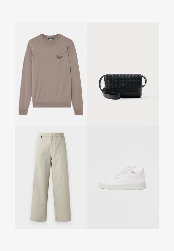 Beige sweater med lange ærmer, rund hals, ribbede kanter og et broderet logo på brystet. lavet af et blødt, let stof.; Han Kjøbenhavn WIDE LEG - Bukser - light grey; Hvid lædersneaker med rundet tå, flad sål og snørebånd foran. Har syningsdetaljer og polstret krave for komfort.; Sort tekstureret crossbodytaske med klaplukning og et lille metallogo foran, vist mod en ensfarvet baggrund.