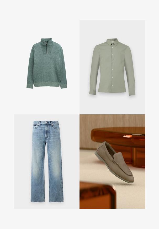 Zwart-pullover met lange mouwen van gebreid materiaal, gemaakt van een gestructureerde groene stof en voorzien van een kwart rits bij de hoge kraag, gepresenteerd tegen een effen achtergrond.; Lichtgroen overhemd met lange mouwen, knoopsluiting op de kraag en witte knopen, weergegeven op een effen witte achtergrond.; Lichtblauwe denim jeans met rechte pijpen, een hoge taille, vijf zakken, knoopsluiting en subtiele vervaging op de dijen en knieën.; Beige suède instapschoen met zichtbare stiksels en lichte zool, geplaatst bovenop een crèmekleurig tapijt, met oranje doorschijnend meubilair op de achtergrond.