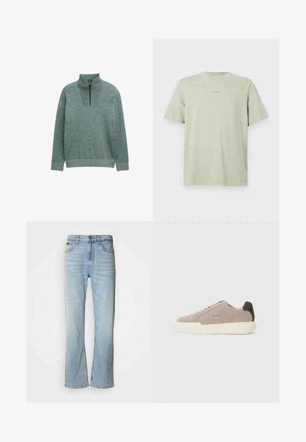 Zwart-pullover met lange mouwen van gebreid materiaal, gemaakt van een gestructureerde groene stof en voorzien van een kwart rits bij de hoge kraag, gepresenteerd tegen een effen achtergrond.; Lichtgroene katoenen t-shirt met een ronde hals, korte mouwen en een klein Calvin Klein-logo in een donkerdere tint gedrukt op de borst.; Lichtblauwe denim jeans met een rechte pijp, voorzien van vijf zakken, een knoopsluiting en subtiele vervaging op de stof.; Beige suède sneakers met een witte rubberen zool, voorzien van een donkergroene hielaccent en subtiele branding aan de zijkant.