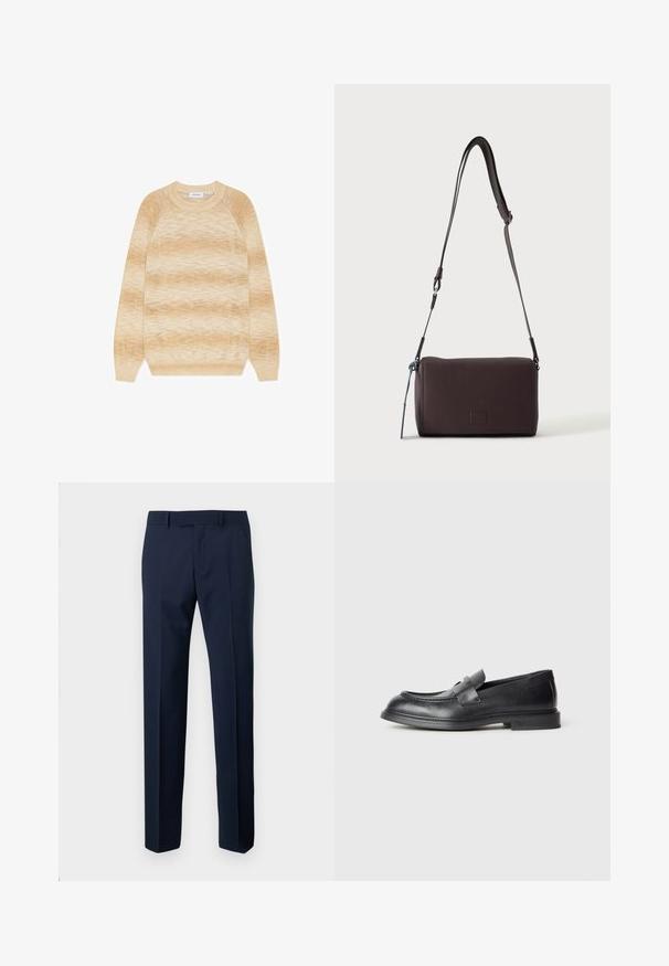 Pull dégradé beige et crème à manches longues, col rond, avec poignets et ourlet côtelés, posé à plat sur fond blanc.; Pantalon habillé bleu marine avec passants de ceinture, poches avant et coupe droite, étalé à plat sur un fond clair.; Mocassins en cuir noir avec une finition texturée, dotés d'une bride décorative à l'avant et d'un bout arrondi. Semelle en caoutchouc pour plus de durabilité.; Sac bandoulière en cuir marron foncé texturé avec une sangle réglable et un petit accent décoratif bleu sur le côté.