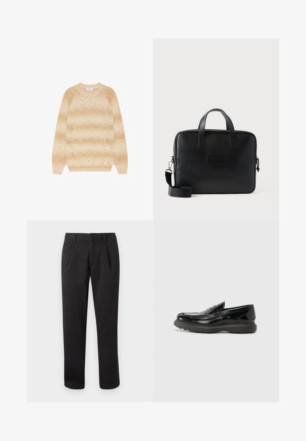 Pull dégradé beige et crème à manches longues, col rond, avec poignets et ourlet côtelés, posé à plat sur fond blanc.; Pantalon en coton noir avec une coupe à taille plate, jambes droites, et fermeture par bouton. Comprend des poches latérales et des détails de couture visibles.; Mocassin en cuir noir avec une finition brillante, bout arrondi, détails de couture subtils et semelle en caoutchouc épaisse pour la durabilité.; Sacoche d'ordinateur portable en cuir noir avec deux poignées supérieures, une bandoulière amovible, une surface texturée et une forme rectangulaire. Patch logo embossé visible.