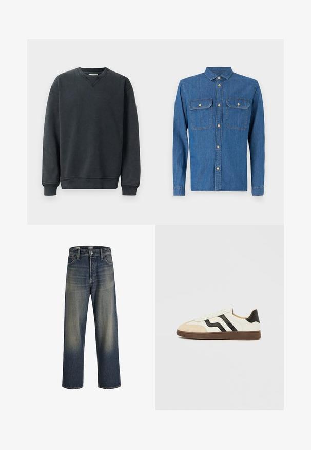 Mørkegrå sweatshirt med rund hals, lange ærmer, ribbede manchetter og en glat tekstur. Har en diskret V-syning ved halsudskæringen.; Denim skjorte i mørkeblå, langærmet med knapmanchetter, spids krave, to brystlommer og frontknaplukning med guldfarvet hardware.; Bredde ben jeans i mørkeblå denim med en gradient finish, der har en knaplukning, fem lomme-design og strukturerede syninger.; Hvid læder sneakers med sorte striber og tan ruskind tækkappe. Gummisål i mørkebrun. Snørebånd og polstret krave fuldender designet.