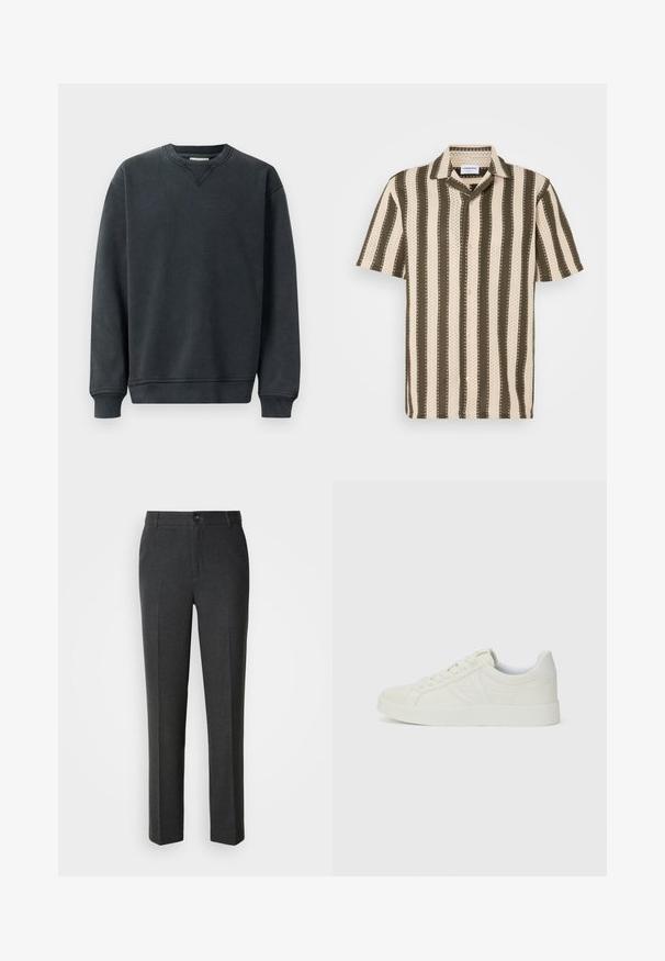Mørkegrå sweatshirt med rund hals, lange ærmer, ribbede manchetter og en glat tekstur. Har en diskret V-syning ved halsudskæringen.; Kortærmet skjorte med krave, der kan knappes ned, og som har skiftevis creme og olivengrønne striber samt et struktureret mønster gennem hele skjorten.; Skræddersyede mørkegrå bukser i et glat stof, med knaplukning, to forlommer og et lige ben-design.; Hvide sneakers med en glat læderfinish, rund tå, flad gummisål og diskret syning på siderne. Snørebåndsdesign.