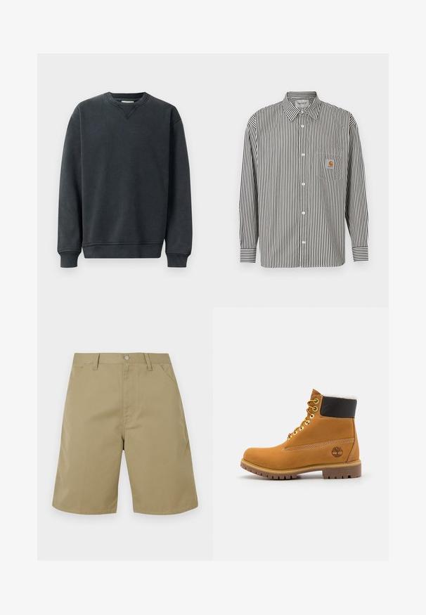 Mørkegrå sweatshirt med rund hals, lange ærmer, ribbede manchetter og en glat tekstur. Har en diskret V-syning ved halsudskæringen.; Sorte og hvide vertikale striber langærmet skjorte med button-down krave. Har en brystlomme med en beige logo-plet.; Beige shorts lavet af stof med en glat tekstur, med flad front, bæltestropper og sidelommer; ben med lige snit.; Brune læder ankelstøvle med metaløjer, hvid pelsforing, sort polstret krave, robust sål og præget logo på siden.