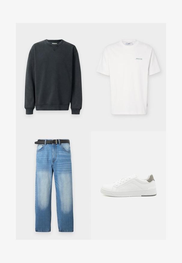 Mørkegrå sweatshirt med rund hals, lange ærmer, ribbede manchetter og en glat tekstur. Har en diskret V-syning ved halsudskæringen.; Hvid T-shirt med korte ærmer og rund hals, med lille grøn tekst "JUICE IT UP Marc O'Polo Denim" på venstre bryst.; Lys blå denim jeans med lige ben, udstyret med et sort bælte, falmede pletter og subtil diagonalt mønster i den øverste sektion.; Hvid sneaker lavet af glat læder, rund tå, minimalistisk design, grå hælafsats og tekstureret gummisål.