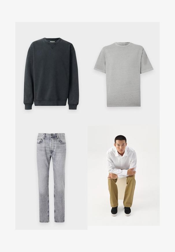 Mørkegrå sweatshirt med rund hals, lange ærmer, ribbede manchetter og en glat tekstur. Har en diskret V-syning ved halsudskæringen.; Enkelt lysegrå kortærmet T-shirt med rund hals og lige kant, vist mod en hvid baggrund.; Grå denimjeans har en lige pasform, fem lommer og diskrete falmede detaljer. Metalknap og lynlås lukning foran.; Ung mand i hvidt stribet skjorte og khakibukser sidder fremadlænet på en skammel med armene krydset, og ser direkte frem på en hvid baggrund.