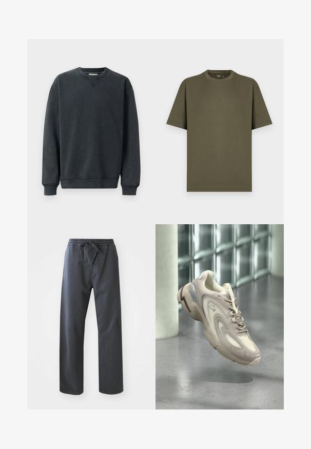 Sweatshirt gris foncé avec un col rond, des manches longues, des poignets côtelés et une texture lisse. Présente un détail en v discret au niveau du col.; T-shirt à manches courtes uni vert olive, col rond, coupe régulière, présenté sur un fond clair.; Pantalons noirs à taille élastique avec cordon de serrage, présentant une coupe droite et une texture lisse. Pas de poches visibles ni de motifs.; Baskets beige clair dotées d'un design élégant avec des superpositions texturées, une semelle rembourrée et une section translucide sur le côté.