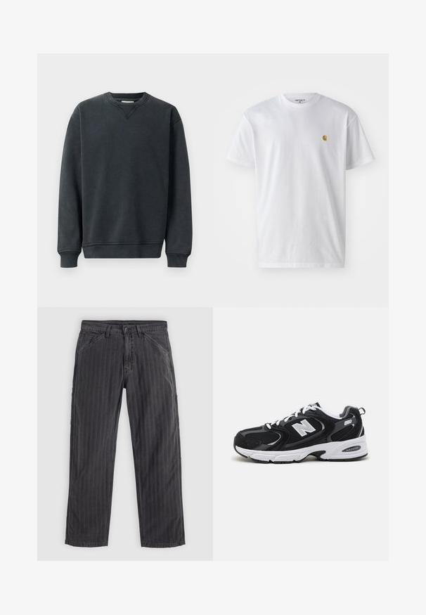 Mørkegrå sweatshirt med rund hals, lange ærmer, ribbede manchetter og en glat tekstur. Har en diskret V-syning ved halsudskæringen.; Hvid bomulds t-shirt med korte ærmer, rund hals og et lille guld logo på venstre brystområde. Blød tekstur og almindelig pasform.; Sortstribede bukser lavet af bomuldsblandingsstof. Har et lige ben-design, sidelommer og en knaplukning.; Sorte og grå sportssko med mesh og ruskind på overdelen, der har en hvid mellemsål, snørebånd og et iøjnefaldende "N" logo på siden.
