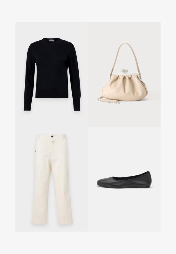 Pull en tricot noir avec un col rond et des manches longues. Présente une texture lisse et des poignets côtelés, offrant une coupe et un design classiques.; Pantalons en coton beige avec une coupe droite, dotés d'une taille avec bouton à l'avant et d'une poche avec un accent de bouton circulaire.; Ballerines en cuir noir avec un bout rond, texture lisse, détails de couture minimalistes et design de semelle flexible.; Sac à main en cuir souple beige avec un fermoir en métal argenté, une bandoulière simple et une bandoulière chaîne optionnelle sur fond blanc.