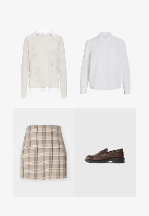 Pull crème en maille torsadée avec une chemise à col blanc en dessous. Comprend des manches longues, des poignets et un ourlet côtelés. Motif tricoté texturé.; Chemise blanche à manches longues, boutonnage frontal, col classique, poche poitrine unique, confectionnée dans un tissu lisse et léger avec une coupe décontractée.; Even&Odd Minijupe - beige; Mocassins en cuir marron avec un bout arrondi, présentant une sangle décorative sur le dessus, et un talon bas en caoutchouc noir texturé.