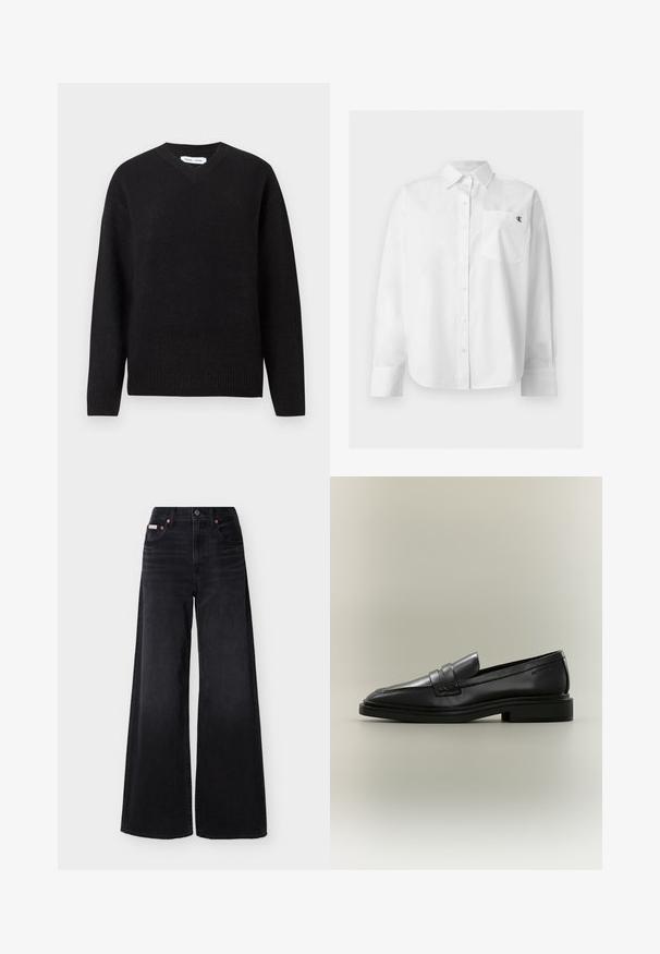 Pull noir en V en mélange de laine doux, avec des manches longues et des poignets et un ourlet côtelés. Conception simple et classique sans motifs ni accents.; Chemise blanche à manches longues avec boutons, col pointu et poche avant avec petit logo noir "CK" sur la poitrine gauche.; Jean noir à jambes larges avec taille haute, fermeture avant par boutons et fermeture éclair, passants pour ceinture, et design à cinq poches.; Mocassin penny en cuir noir avec petit talon, bout arrondi et détails cousus sur fond neutre.