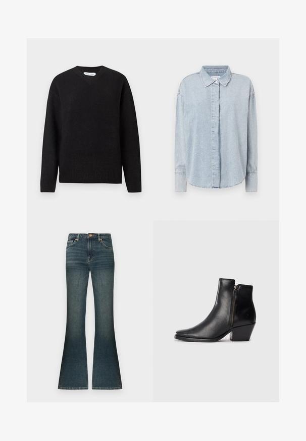 Pull noir en V en mélange de laine doux, avec des manches longues et des poignets et un ourlet côtelés. Conception simple et classique sans motifs ni accents.; Good American DIAMOND SHIRT - Chemisier - indigo; Jean flare en denim bleu foncé avec un léger décoloré subtil, taille standard et un design classique à cinq poches. Accents en métal cuivré.; Bottines en cuir noir avec un bout pointu, une fermeture éclair sur le côté et un talon épais. Texture lisse et design minimaliste.