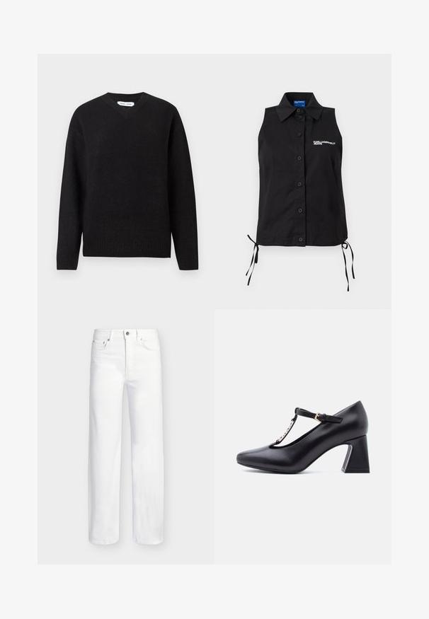 Pull noir en V en mélange de laine doux, avec des manches longues et des poignets et un ourlet côtelés. Conception simple et classique sans motifs ni accents.; Chemisier noir sans manches à boutons, avec col, liens sur les côtés et logo blanc "KARL LAGERFELD JEANS" sur la poitrine gauche.; Jean blanc à coupe droite avec cinq poches, fermeture par boutons et passants de ceinture sur un fond gris clair uni.; Escarpin en cuir noir à brides en T avec bout carré, boucle dorée et talon bloc, présenté en profil latéral sur fond blanc.