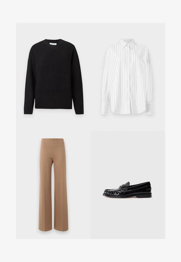 Pull noir en V en mélange de laine doux, avec des manches longues et des poignets et un ourlet côtelés. Conception simple et classique sans motifs ni accents.; Chemise blanche à manches longues avec des fines rayures verticales noires et un col pointu, présentée sur un fond uni.; Pantalons à jambes larges en tissu extensible beige clair avec une texture lisse et une taille haute élastique. Pas de fermeture ni de poches visibles.; Mocassins en cuir noir avec un bout arrondi, des coutures décoratives et un petit accent doré sur le dessus. Semelle en caoutchouc plate, design épuré.