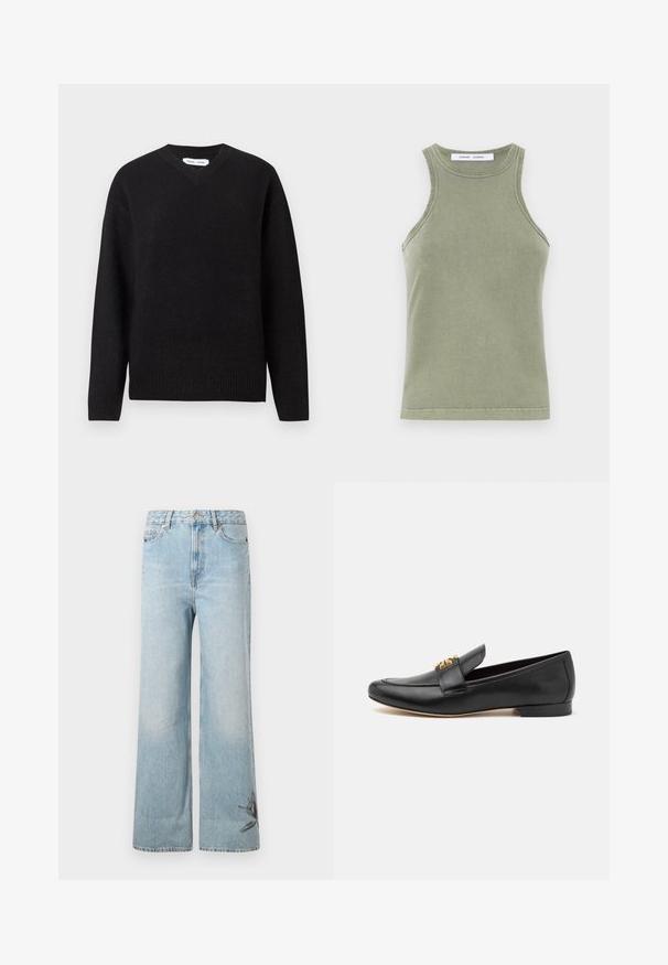 Pull noir en V en mélange de laine doux, avec des manches longues et des poignets et un ourlet côtelés. Conception simple et classique sans motifs ni accents.; Débardeur vert olive en coton doux, avec un col rond, sans manches et des bords cousus. Forme simple et ajustée.; Jeans larges en denim bleu clair, avec une texture délavée et des broderies florales sur le bas de la jambe gauche.; Mocassins en cuir noir avec un bout rond, un talon plat et des accents en métal doré sur la sangle. Texture lisse avec des détails de conception minimaux.