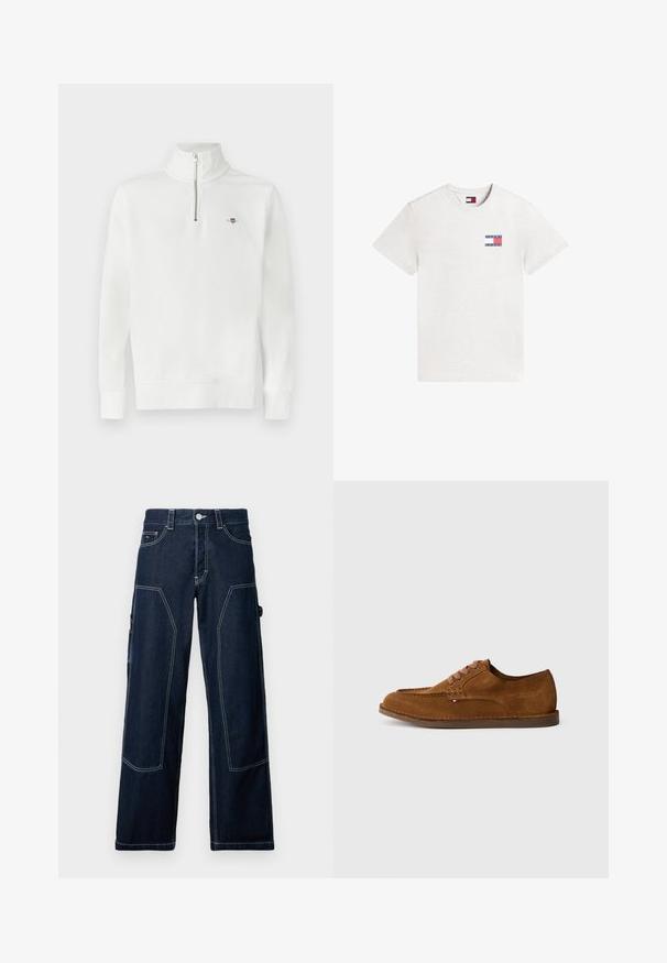 Sweat-shirt blanc à enfiler, col demi-zip, manches longues, en coton, détail discret du logo sur la poitrine. Texture lisse, coupe décontractée.; T-shirt blanc à manches courtes avec petit logo Tommy Jeans rouge, blanc et bleu sur le haut gauche de la poitrine.; Pantalon cargo en denim bleu foncé avec une coupe droite, des coutures contrastées, de multiples poches et une fermeture classique à boutons.; Chaussure en daim marron avec un bout arrondi, des coutures décoratives et six œillets de lacets contrastants. Semelle plate et design minimaliste.