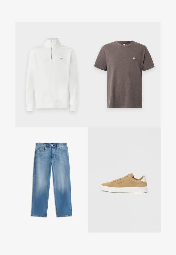 Sweat-shirt blanc à enfiler, col demi-zip, manches longues, en coton, détail discret du logo sur la poitrine. Texture lisse, coupe décontractée.; T-shirt en coton marron à manches courtes avec un petit logo blanc et noir de Tommy Jeans sur la poitrine gauche, col rond.; Jean en denim bleu clair à jambes droites, cinq poches, fermeture par bouton et légère décoloration à l'avant des cuisses et des genoux.; Baskets en suède beige avec une semelle en caoutchouc blanc, bout rond, lacets plats et un logo discret sur le côté. Texture lisse et design minimaliste.