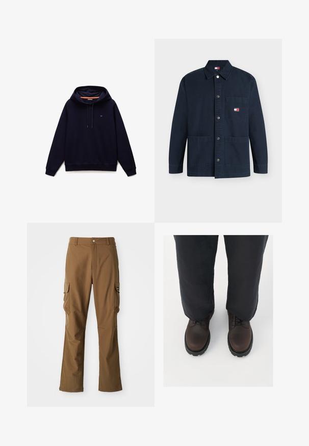 Tumesinist värvi kapuutsiga pullover, millel on paelad, soonilised varrukasuu ja alumine serv ning vasakul rinnal väike logo.; Tumesinine nööpidega jakk, millel on kolm esimest taskut, krae ja väike Tommy Jeansi logo ülemisel vasakul taskul.; Pruunid cargo püksid otse lõikega, milles on kaks küljetaskut ja tõmblukk. Valmistatud tekstuuriga kangast, mis on sileda viimistlusega.; Pruunid nahast nööbiga kingad ümarate varvastega, musta kummitald ja tekstuurigaDetail, koos lahtiste tumehalli pükstega.