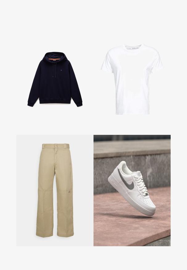 Sweat à capuche bleu marine avec cordons de serrage, poignets et ourlet côtelés, et un petit logo sur le côté gauche de la poitrine.; T-shirt en coton blanc avec un col rond et des manches courtes, au fit classique et à la texture lisse. Aucun motif ni accessoire visible.; Pantalons larges beiges en tissu résistant, dotés d'une taille haute, de coutures visibles et d'un petit logo sur le côté.; Baskets blanches Nike Air Force 1 avec logo swoosh gris flottant au-dessus d'une surface en pierre et un mur en pierre gris en arrière-plan.