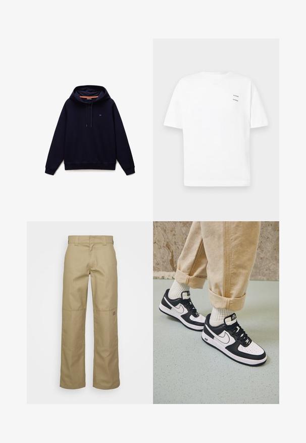 Sweat à capuche bleu marine avec cordons de serrage, poignets et ourlet côtelés, et un petit logo sur le côté gauche de la poitrine.; T-shirt blanc en coton avec une coupe décontractée, des manches courtes et un col en V. Présente deux petits logos noirs imprimés sur le côté gauche.; Pantalons larges beige en tissu mélange de coton. Comprend des renforts au niveau des genoux et un petit logo sur la cuisse.; Baskets Nike Air Force 1 en noir et blanc avec un dessus en cuir, orteil perforé et détail de semelle texturée, portées avec un pantalon beige retroussé et des chaussettes blanches.