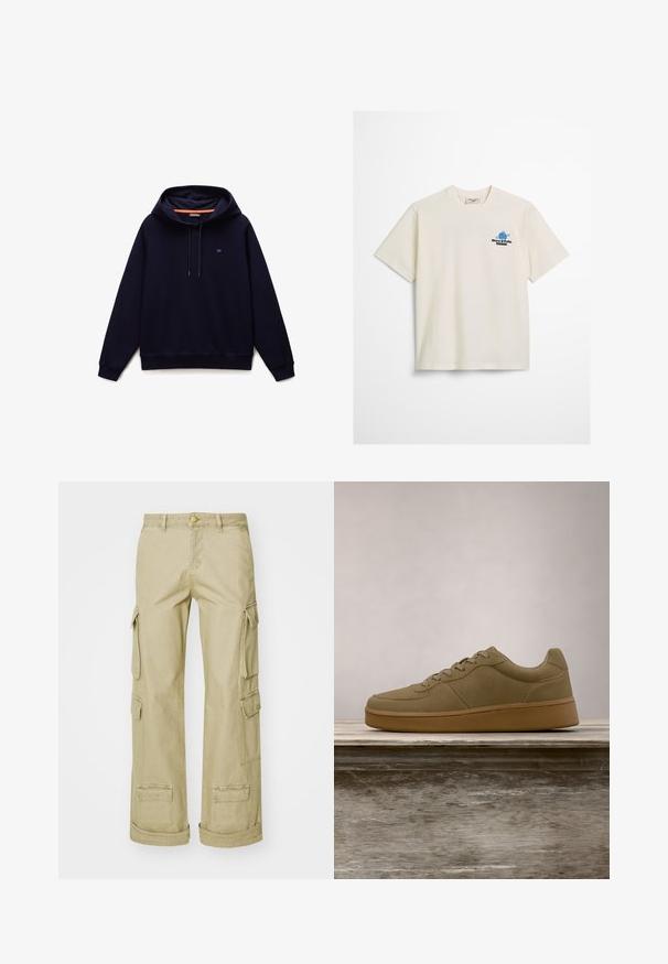 Marineblå pullover hættetrøje med snoretræk, ribkant ved ærmer og kant samt et lille logo på venstre bryst.; Hvid bomulds t-shirt med korte ærmer, der har et blåt grafisk logo og teksten "Marx O'Polo DENIM" på venstre brystområde.; Beige cargobukser lavet af holdbart stof, med flere sidelommer, knaplukning og en afslappet pasform.; Olivengrøn sneaker med snørebånd, der svæver over en træbænk, med sløret grønt løv i baggrunden.