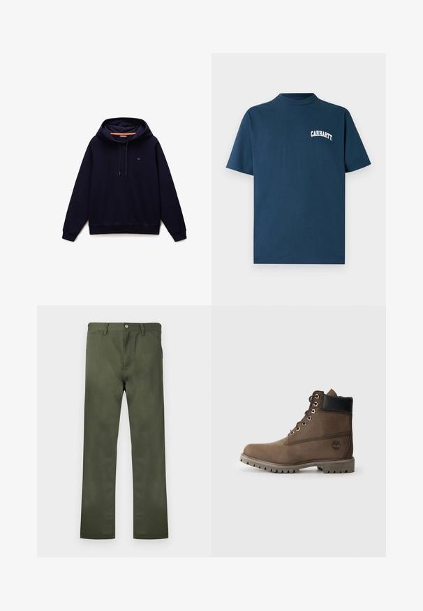 Marineblå pullover hættetrøje med snoretræk, ribkant ved ærmer og kant samt et lille logo på venstre bryst.; Marineblå bomulds t-shirt med korte ærmer og rund hals. Har et hvidt "Carhartt"-logo trykt på venstre bryst.; Olivengrønne bukser af holdbart stof med et design i lige ben, forlommer og knaplukning. Glat tekstur.; Brune læder ankelstøvle med sort krave, metaløjer og slidstærk grå sål. Har logo på siden og syet detaljer.