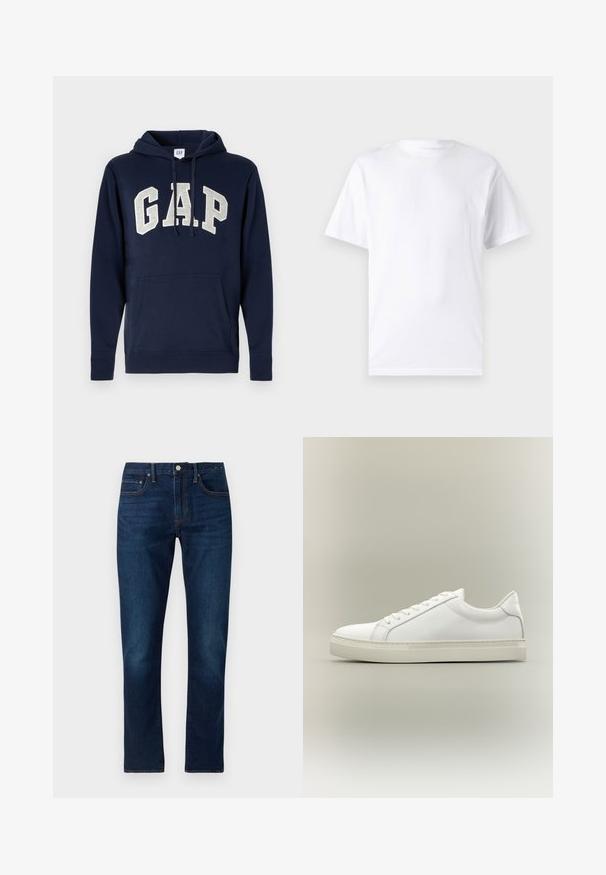 Hoodie en coton bleu marine avec un grand logo "GAP" gris clair, poche avant, et cordons de serrage à la capuche. Design classique avec des poignets côtelés.; T-shirt blanc à manches courtes en coton avec un col rond, présentant une texture lisse et un design simple, sans motifs ni accents.; Jeans en denim bleu foncé avec une coupe droite. Les caractéristiques incluent des coutures contrastées, cinq poches et une fermeture à bouton à l'avant.; Baskets blanches basses à lacets sur l’avant et semelle épaisse, vues de côté sur un fond neutre.
