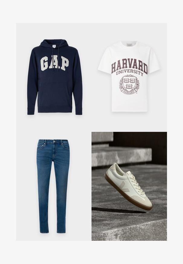 Hoodie en coton bleu marine avec un grand logo "GAP" gris clair, poche avant, et cordons de serrage à la capuche. Design classique avec des poignets côtelés.; T-shirt en coton blanc avec le texte maroon "HARVARD UNIVERSITY" et un emblème central avec le mot "VERITAS" dans un design en blason.; Jean skinny en denim bleu avec fermeture à bouton à l'avant, passants de ceinture, et poches avant et arrière, présentés sur un fond blanc.; Baskets en cuir blanc avec semelle en caoutchouc beige, lacets plats et accent en forme de V sur le côté. Présentent une surface lisse et peu de détails de couture.