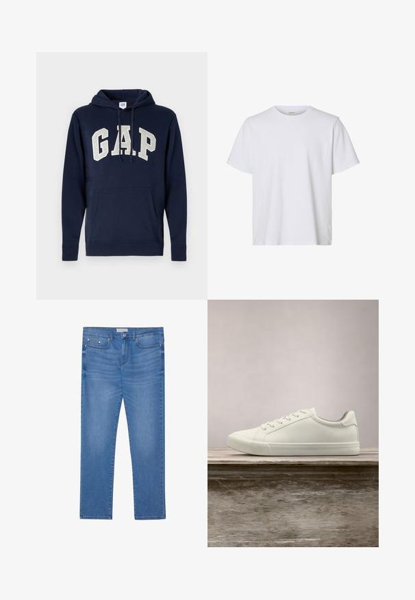 Hoodie en coton bleu marine avec un grand logo "GAP" gris clair, poche avant, et cordons de serrage à la capuche. Design classique avec des poignets côtelés.; T-shirt blanc uni à manches courtes, col rond, coupe régulière et texture de tissu lisse, présenté sur fond blanc.; Jeans en denim bleu clair avec une coupe droite, design à cinq poches, décoloration subtile et accents en métal au niveau de la taille et des poches.; Sneaker en dentelle blanche flottant au-dessus d'un banc en bois avec un feuillage vert en arrière-plan, mettant en valeur le design et la texture de la chaussure.