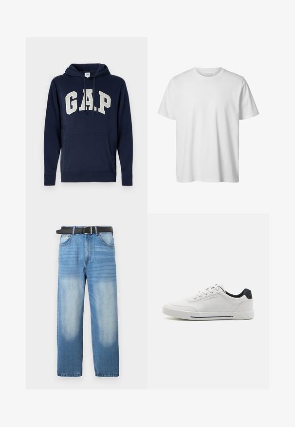 Hoodie en coton bleu marine avec un grand logo "GAP" gris clair, poche avant, et cordons de serrage à la capuche. Design classique avec des poignets côtelés.; T-shirt blanc uni à manches courtes, col rond, coupe décontractée, sans logos ni motifs visibles à l'avant.; Jean en denim bleu clair avec une coupe droite, doté d'une ceinture noire, avec des zones décolorées et une texture diagonale subtile sur la partie supérieure.; Baskets blanches avec un dessus en synthétique lisse, bout rond, design à lacets, accent marine sur le talon, et une semelle en caoutchouc texturée avec une bande noire.