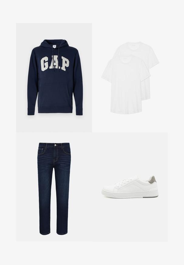 Hoodie en coton bleu marine avec un grand logo "GAP" gris clair, poche avant, et cordons de serrage à la capuche. Design classique avec des poignets côtelés.; Deux T-shirts blancs à manches courtes en coton, dotés d'un col rond, d'une texture douce et d'un design simple et sans ornement.; Jean denim bleu foncé avec poches avant, fermeture à boutons et détails légèrement délavés au niveau des cuisses sur fond blanc.; Basket blanche en cuir lisse, à bout arrondi, design minimaliste, accent de talon gris et semelle en caoutchouc texturé.