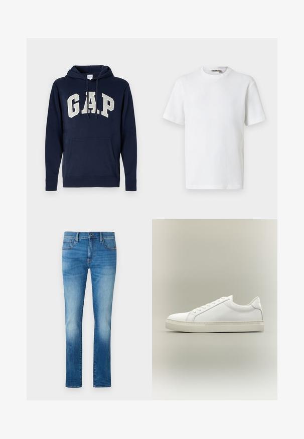 Navy blue cotton hoodie featuring a large, light gray "GAP" logo, front pouch pocket, and drawstrings at the hood. Classic design with ribbed cuffs.; White short-sleeve waffle-knit crew neck t-shirt with a small brand label inside the collar, displayed on a plain background.; Slim-fit blue denim jeans with faded areas on thighs and knees, featuring front pockets, belt loops, and button closure.; White low-top sneaker with lace-up front and thick sole, shown from the side against a neutral background.