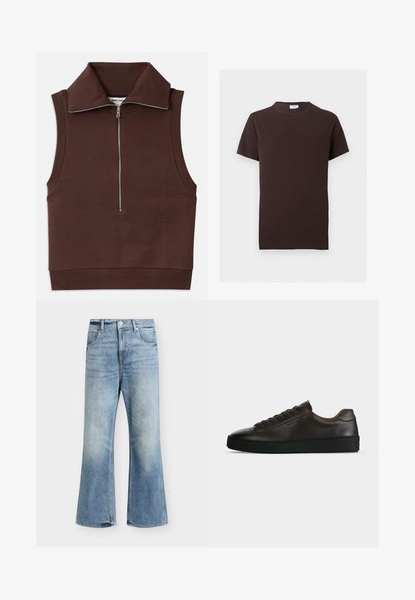 Bruine mouwloze top met een hoge kraag, voorzien van een ritssluiting aan de voorkant en ribbelstructuur bij de kraag en zoom. Glad materiaal met minimale naden.; Effen donkerbruine T-shirt met korte mouwen en ronde halslijn, slim fit en een klein wit label aan de binnenkant van de kraag.; Lichtblauwe high-waist jeans met wijde pijpen, knoop- en ritssluiting aan de voorkant, twee steekzakken en subtiele vervaging op de dijen en knieën.; Low-profile donkerbruine leren sneaker met zwarte rubberen zool, veters aan de voorkant en een strak minimalistisch design op een lichte achtergrond.