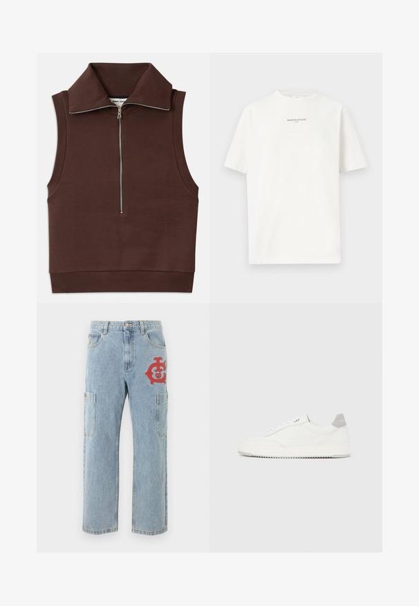Bruine mouwloze top met een hoge kraag, voorzien van een ritssluiting aan de voorkant en ribbelstructuur bij de kraag en zoom. Glad materiaal met minimale naden.; Witte T-shirt met korte mouwen, met in kleine zwarte letters in het midden van de borst "MAISON KITSUNÉ PARIS" bedrukt.; Lichtblauwe denim cargobroek met zijzakken en een rode afbeelding op de rechterdij.; Witte lage sneaker met grijze hielpatch, witte veters en een gestructureerde zool, gepresenteerd op een effen lichte achtergrond.