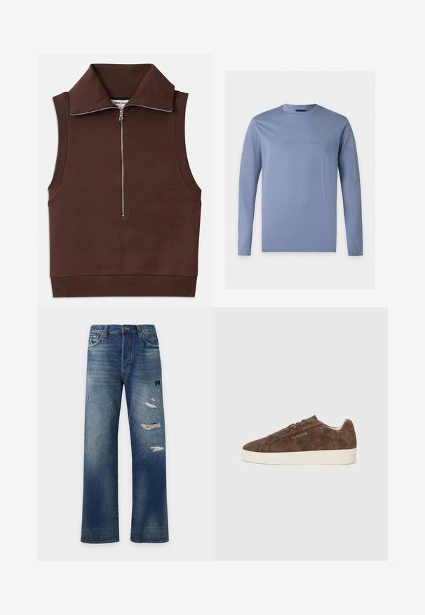 Bruine mouwloze top met een hoge kraag, voorzien van een ritssluiting aan de voorkant en ribbelstructuur bij de kraag en zoom. Glad materiaal met minimale naden.; Lichtblauw T-shirt met lange mouwen en ronde hals met geperst Emporio Armani-logo in het midden van de borst tegen een witte achtergrond.; Blauwe jeans met rechte pijpen, vervaagde plekken en meerdere versleten stukken stof op de voorkant van de dijen en knieën.; Bruine suedeleren sneakers met een laag profiel, ronde neus en een witte rubberen buitenzool. Voorzien van donkere veters en subtiele branding aan de zijkant.