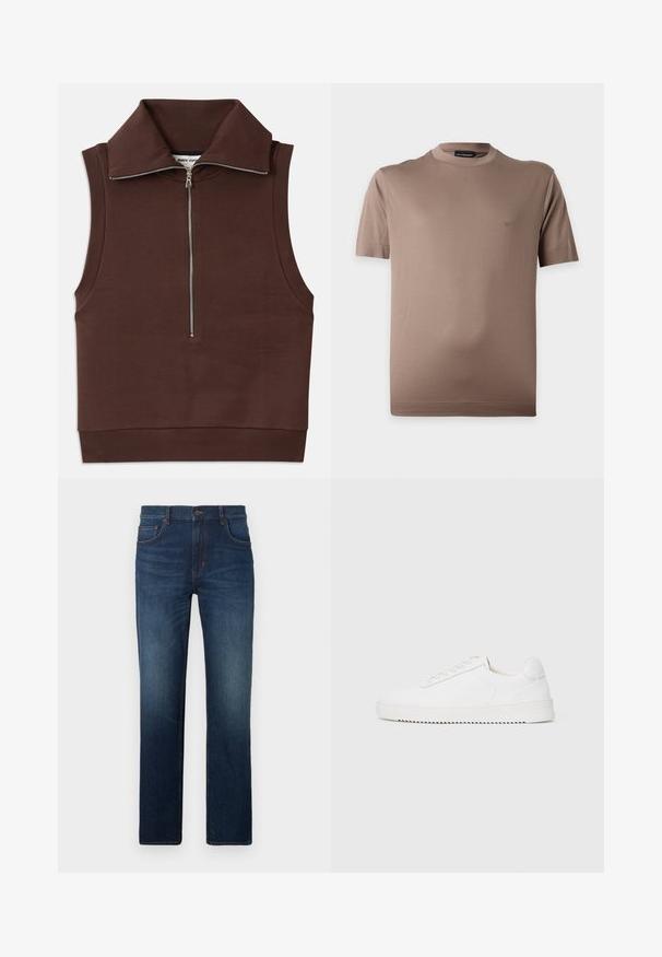 Brun ærmeløs top med høj krave, featuring en frontlynlås og ribbet tekstur ved kraven og kanten. Glat stof med minimale sømme.; Brun T-shirt med korte ærmer og rund hals med en lille logo på venstre bryst, vist mod en hvid baggrund.; Mørkeblå denimjeans med lige ben, fem lommer, knappelukning og diskrete slidmærker på overfladen.; Hvid sneaker med en glat læderoverdel, rund tå, snørebånd, teksturerede sideaccenter og en tyk gummisål. Minimalistisk design.