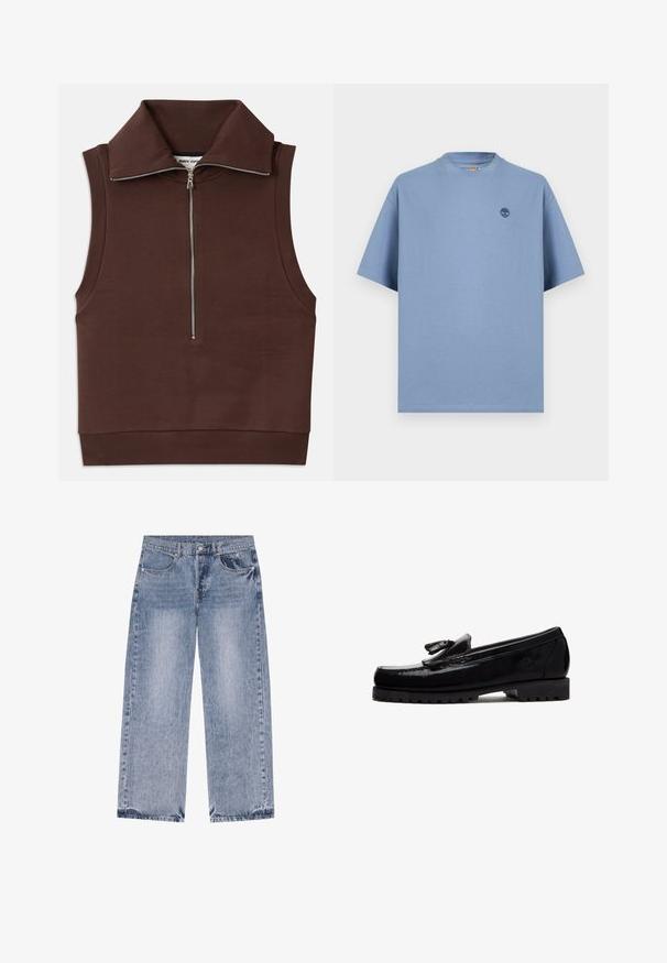 Brun ærmeløs top med høj krave, featuring en frontlynlås og ribbet tekstur ved kraven og kanten. Glat stof med minimale sømme.; Lyseblå T-shirt med korte ærmer og rund hals, med en lille mørkeblå trælogo på venstre bryst.; Lyseblå straight-leg denimjeans med forlommer, bæltestropper og knaplukning ved taljen.; Sort læderloafer med kvastdetalje, tyk robust sål og præget logo på siden, vist i profil mod hvid baggrund.