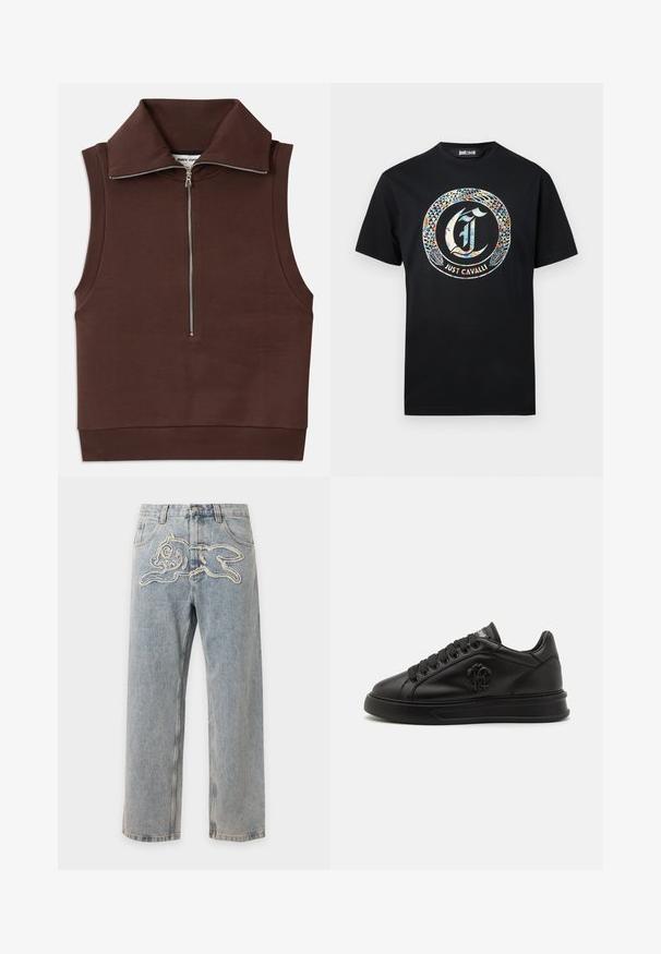 Brun ærmeløs top med høj krave, featuring en frontlynlås og ribbet tekstur ved kraven og kanten. Glat stof med minimale sømme.; Sort T-shirt med korte ærmer med en farverig slange, der danner en cirkel omkring et stiliseret "J" og teksten "Just Cavalli" nedenunder.; Lyseblå denim jeans med et syet legende kanin-design hen over den forreste talje.; Roberto Cavalli Sneakers - black