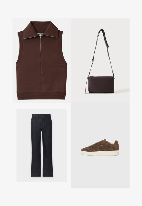 Brun ærmeløs top med høj krave, featuring en frontlynlås og ribbet tekstur ved kraven og kanten. Glat stof med minimale sømme.; Mørkeblå jeans med lige ben, forlommer, knaplukning og synlige syninger på en ensfarvet lys baggrund.; Brune ruskinds sneakers med lav profil, rund tå og hvid gummisål. Har mørke snørebånd og diskret branding på siden.; Mørkebrun textured læder crossbody taske med justerbar rem og lille dekorativ blå accent på siden.