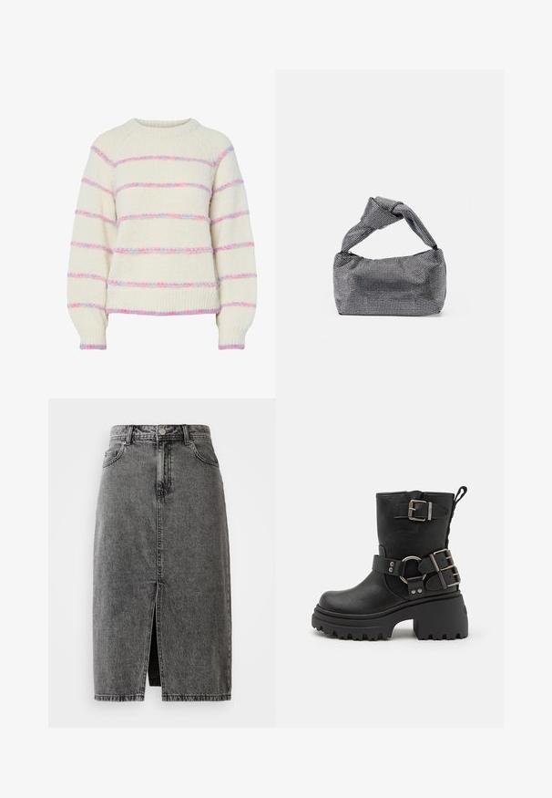 Kremfarvet strikketrøje med pink og blå, lodne, vandrette striber, lange ærmer samt ribstrikkede manchetter og kant.; Højtaljet, falmet sort denim midi-nederdel med en frontslids, bæltesløjfer og klassisk fem-lomme design.; Sort læder ankelstøvle med en kraftig sål, spænde- og remdetaljer samt en tekstureret overflade. Har en hælrem for nem påklædning.; Sorte og sølv håndtaske med en tekstureret overflade, der har et diamantmønster, en knyttet håndtag og en struktureret form.