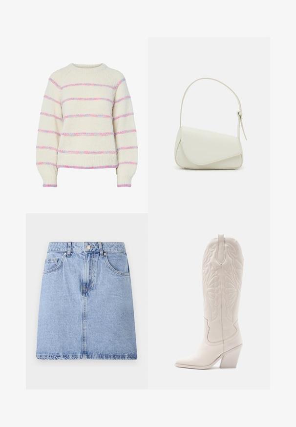 Kremfarvet strikketrøje med pink og blå, lodne, vandrette striber, lange ærmer samt ribstrikkede manchetter og kant.; Lyseblå denimskirt med fem lomme-design, frontknap og lynlåslukning samt rå kant. Glat tekstur med let falmning.; Hvide læder cowboystøvler med spidse tæer og blokhæle. Har intrikate syninger på skaftet og en glat tekstur.; Hvid taske i faux læder med en struktureret trekantet form, enkelt justerbart skulderstrop og en flaplås med kurver.