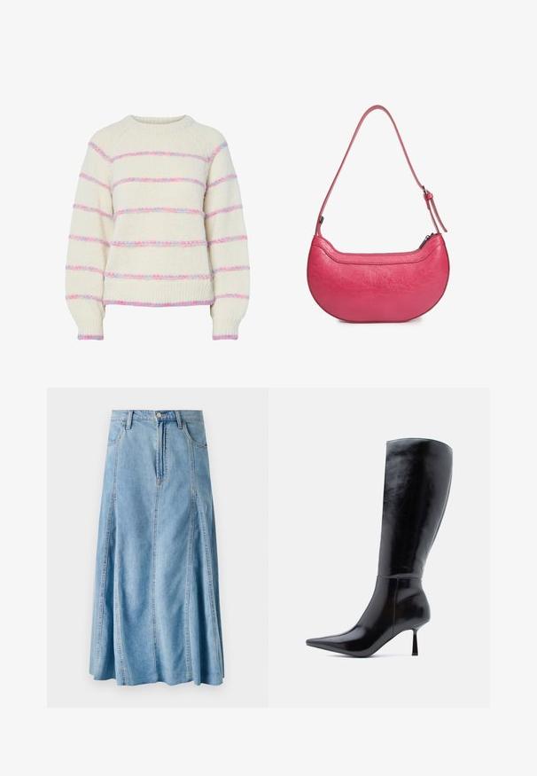 Pull en maille crème avec des rayures horizontales duveteuses roses et bleues, manches longues, poignets et ourlet côtelés.; Jupe en denim bleu clair au design évasé, avec une fermeture à bouton, des passants de ceinture et des détails de couture verticaux. Longueur mi-mollet.; Bottes noires à talons aiguilles montantes, avec une finition en cuir brillant, un bout pointu et un talon effilé, présentant une surface lisse et un design élégant.; Sac à main en cuir rose avec une forme incurvée, une seule bandoulière réglable et une fermeture éclair sur le dessus. Fini texturé avec des plis visibles.