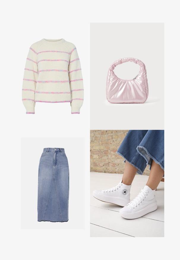 Crèmekleurige gebreide trui met roze en blauwe pluizige horizontale strepen, lange mouwen en geribbelde manchetten en zoom.; Denim midi-rok in lichtblauw, met een hoge taille, voornaadnaden en een ongelijkmatig zoom met ruwe randen voor een getextureerde afwerking.; Persoon draagt witte hoge Converse-sneakers met dikke zolen en korte jeans met rafelige zoom tegen een bakstenen muur en witte vloer.; Roze, gevoerde handtas met een afgeronde vorm, gemaakt van glanzend materiaal. Beschikt over een geplooide handgreep en een ritssluiting voor veilige toegang.