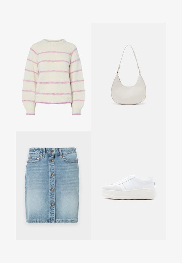 Crèmekleurige gebreide trui met roze en blauwe pluizige horizontale strepen, lange mouwen en geribbelde manchetten en zoom.; Lichtblauwe denim rok met een knoopsluiting aan de voorkant, vijf zakken en stikseldetails. Heeft een rechte snit en een licht vervaagde afwerking.; Witte lage sneaker met veterclosure, dikke plateauzool en suède accenten op de neus, zijaanzicht op een effen achtergrond.; Crème leren schoudertas met een halve maan vorm, dunne schouderband en subtiele stiksels. Minimalistisch ontwerp met gouden hardware accenten.