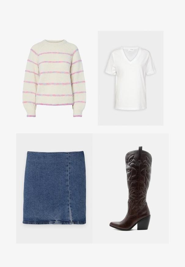 Pull en maille crème avec des rayures horizontales duveteuses roses et bleues, manches longues, poignets et ourlet côtelés.; T-shirt blanc à manches courtes avec col en V et un design simple, présenté sur un fond uni.; Good American Jupe en jean - indigo; Botte de cowboy haute en cuir marron foncé avec motifs décoratifs cousus, bout pointu et talon bloc empilé.