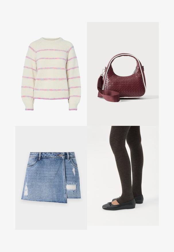 Kremfarvet strikketrøje med pink og blå, lodne, vandrette striber, lange ærmer samt ribstrikkede manchetter og kant.; Lysblå denim miniskørt med slidte områder og distressed detaljer. Har en frontknaplukning og traditionelt fem-lommer design.; Ben iført mørke ribbede leggings kombineret med sorte balletsko med små sløjfedetaljer på hvid baggrund.; Mørkerød vævet lædertaske med buet hank, hvid kant, sølv lynlås og aftagelig bred stofskulderrem mod en ensfarvet baggrund.